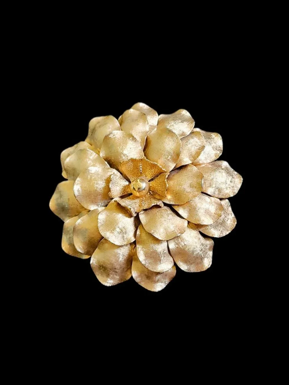 VTG 1950s Gold Tone Dahlia Flower Brooch Heavy 3D Multi Layer Textured Pin
